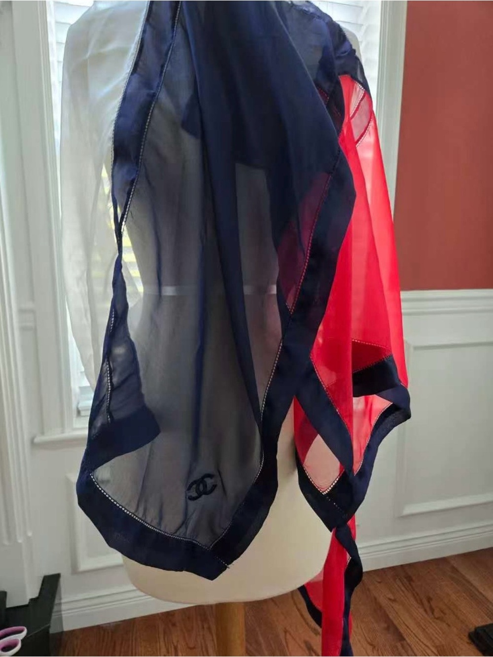 AUTHENTIC - Vintage Chanel Sheer Chiffon Scarf with Embroidered CC Logo